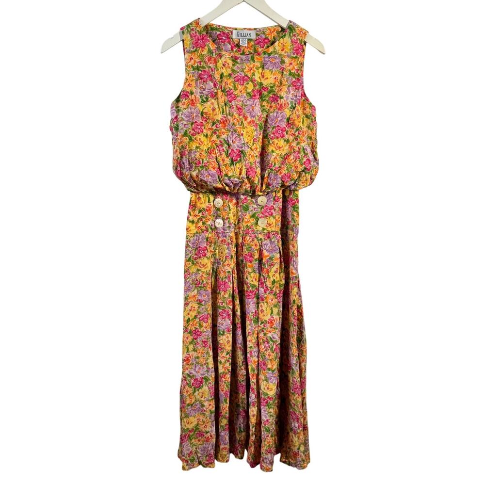 Gillian Dress Women 6‎ Yellow Pink Floral Vintage 80s Midi Sun Dress 100% Silk